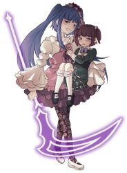  2girls blue_hair carrying carrying_person child dress flower furudo_erika glowing glowing_weapon green_dress hair_flower hair_ornament highres holding holding_scythe holding_weapon hswoimuxk0pwr0h_(bbdan) long_hair multiple_girls open_mouth pantyhose red_flower red_hair red_rose rose scythe shoes sidelocks simple_background smile tearing_up twilight_of_the_golden_witch twintails two_side_up umineko_no_naku_koro_ni ushiromiya_ange weapon white_background white_shoes 