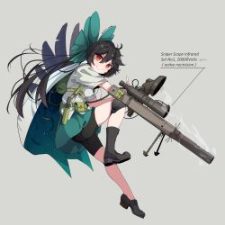  1girl absurdres arm_cannon bike_shorts bike_shorts_under_skirt black_boots black_shorts boots bow cape commentary_request from_side full_body green_bow green_skirt grey_background gun hair_bow highres long_hair looking_at_viewer red_eyes reiuji_utsuho shirt shoes shorts simple_background single_boot single_shoe skirt smile solo tami_(joemanyodw) touhou weapon white_shirt 