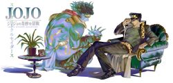  2boys adjusting_clothes adjusting_headwear arm_up armor belt black_belt black_hair black_hat black_pants black_shoes boots chair coat collarbone collared_coat colored_skin commentary copyright_name crew_neck dress_shoes english_commentary floating_hair grey_shirt hat holding jojo_no_kimyou_na_bouken kujo_jotaro long_sleeves male_focus medium_hair multiple_boys pants pauldrons photo_(object) plant popped_collar potted_plant purple_skin shirt shoes short_hair shoulder_armor simple_background sitting stand_(jojo) star_platinum table tumultuosa_tt wavy_hair white_background 