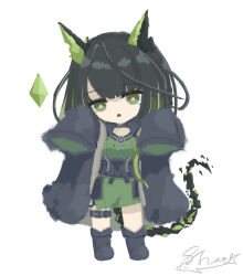  1girl animal_ears arknights artist_name black_hair boots bright_pupils chibi chibi_only dotshark full_body green_eyes highres mon3tr_(arknights) signature sleeves_past_fingers sleeves_past_wrists standing tail thigh_strap white_background white_pupils 