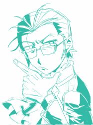  1boy ascot catfish05 closed_mouth frown glasses green_theme highres long_sleeves looking_to_the_side male_focus monochrome nanjou_kei persona persona_1 short_hair simple_background solo upper_body white_background 