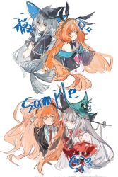  4girls aqua_hat arknights black_capelet black_hat black_ribbon bow capelet dual_persona e.g.o_(project_moon) green_eyes hair_bow hair_ribbon hat highres ishmael_(project_moon) jingshenhuanghu limbus_company long_hair multiple_girls off-shoulder_capelet orange_hair project_moon red_eyes ribbon simple_background skadi_(arknights) skadi_the_corrupting_heart_(arknights) tidal_elegy_(e.g.o) very_long_hair white_background white_bow white_hair 