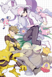  2boys 88_(einnimnech) alakazam baseball_cap black_hair black_shirt blonde_hair blue_hair blue_oak brown_eyes brown_hair brown_pants closed_eyes closed_mouth colored_skin exeggutor fangs gem hat highres holding holding_spoon jacket jynx long_hair mew_(pokemon) mewtwo mr._mime multiple_boys open_clothes open_jacket open_mouth pants parted_lips pink_hat pokemon pokemon_(creature) pokemon_frlg purple_shirt red_(pokemon) red_gemstone shirt short_hair slowpoke smile spiky_hair spoon starfish starmie white_jacket yellow_jacket 