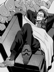  1boy absurdres arms_behind_head blanket closed_eyes collared_shirt corbeau_(pokemon) couch crossed_legs eyewear_strap glasses greyscale highres jacket long_sleeves lying male_focus monochrome necktie nekokawai1ii7 on_back open_mouth pants pokemon pokemon_(creature) pokemon_legends:_z-a round_eyewear scolipede shirt shoes simple_background socks 