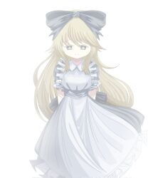  alice_(black_souls) black_souls_2 blonde_hair blue_dress blue_eyes blue_ribbon colored_eyelashes faydee frilled_apron frilled_sleeves hair_between_eyes head_ribbon long_hair smile star_pupils white_apron white_background white_collar yellow_eyelashes 