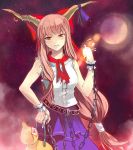  adult bad_id blonde_hair bow breasts brown_eyes brown_hair chain chains chirosuke clenched_teeth crush crushing destruction face gourd hair_bow hand_on_hip horns ibuki_suika long_hair looking_at_viewer ribbon solo torn_clothes touhou tsurime 