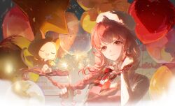  1girl 1other absurdres animal_ears balloon beret blunt_bangs bow bowtie braid cat cat_ears cloak closed_mouth earrings eyelashes fingernails fireworks floating_hair hat heart_balloon highres holding holding_fireworks hood hood_up jewelry lips long_hair long_sleeves looking_at_viewer momo_(nikki) nikki_(series) pink_eyes pink_hair red_bow red_bowtie shuise_shuilian smile sparkler star_balloon tail upper_body white_hat yellow_cloak 