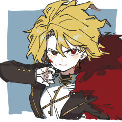  1girl arm_up blonde_hair blood blood_on_face brown_jacket cape closed_mouth don_quixote_(project_moon) gold_trim hand_up highres jacket limbus_company parted_bangs pinch_(nesume) project_moon red_cape red_eyes sancho_(project_moon) short_hair solo upper_body 