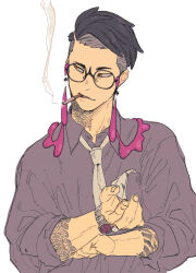  1boy arm_tattoo arms_up black-framed_eyewear black_hair cigarette collared_shirt commentary corbeau_(pokemon) glasses highres kishima_pk looking_to_the_side male_focus necktie parted_hair parted_lips pokemon pokemon_legends:_z-a purple_shirt rolling_sleeves_up round_eyewear shirt short_hair sideways_glance simple_background smoke smoke_trail smoking symbol-only_commentary tassel tattoo upper_body watch watch white_background white_necktie wing_collar yellow_eyes 