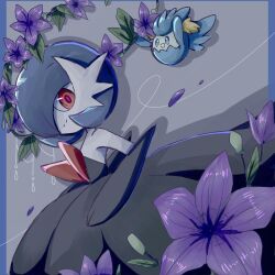  1girl :d alternate_color ayaka_488 black_dress blue_hair character_request closed_mouth commentary_request cowboy_shot dress flower gardevoir highres looking_at_viewer mega_gardevoir open_mouth pokemon pokemon_(creature) pokemon_focus purple_flower red_eyes shiny_pokemon smile split_mouth 