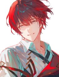  1boy bishounen collared_shirt commentary fern_(bhbtr) hair_between_eyes highres male_focus open_collar original parted_hair red_hair shirt simple_background smile solo upper_body white_background white_eyes white_shirt wing_collar 