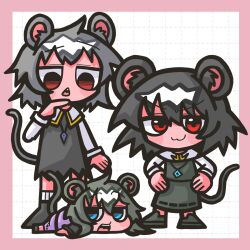  3girls :3 animal_ears blue_eyes border chibi chibi_only closed_mouth cookie_(touhou) fake_nyon_(cookie) full_body grey_hair grey_shoes grey_skirt grey_vest grid_background highres jewelry kofji_(cookie) long_sleeves looking_at_viewer lying mouse_ears mouse_girl mouse_tail multiple_girls nazrin necklace nyon_(cookie) on_stomach open_mouth pink_border purple_vest red_eyes shirt shoes short_hair skirt skirt_set smile standing sznkrs tail touhou v-shaped_eyebrows vest white_background white_shirt 