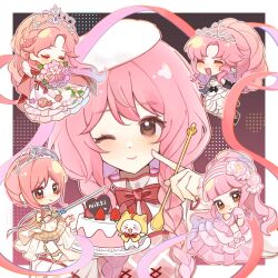  5girls ^_^ ankle_cuffs armor bare_shoulders bead_choker beads beret between_fingers birthday_cake black_background black_boots black_gloves bloom_poetry_(shining_nikki) boots border bouquet bow bowtie bracelet braid braided_bun breastplate brown_eyes bubble_skirt cake cape chibi chinese_commentary choker closed_eyes closed_mouth coattails collared_shirt commentary_request covered_mouth cross-laced_clothes cross-laced_dress crown_braid dated dot_nose dress dress_flower earrings elbow_gloves eyelashes finger_to_cheek flower flower_bracelet flower_earrings flower_skirt food footwear_bow frilled_choker frilled_dress frilled_shirt_collar frills fruit fur-trimmed_cape fur_trim gloves gown gradient_background hair_beads hair_bun hair_flower hair_ornament hair_over_shoulder hairband half_updo halftone hand_on_own_cheek hand_on_own_face happy hat high_collar high_heels highres holding holding_bouquet holding_plate holding_spoon holding_sword holding_weapon infinity_nikki jewelry light_blush lipstick long_dress long_hair long_sleeves looking_at_viewer low_twin_braids makeup medium_dress melody_bloom_(infinity_nikki) miracle_nikki momo_(nikki) multiple_girls multiple_views nikki_(nikki) nikki_(series) nikki_up2u2:_world_traveller one_eye_closed open_mouth outline outside_border parted_bangs peony_(flower) pinafore_dress pink_background pink_bow pink_dress pink_flower pink_gloves pink_hair pink_lips pink_ribbon pink_rose plaid_clothes plaid_dress plate ponytail qingyang_huahe_mu red_bow red_bowtie red_cape ribbon rose shining_nikki shirt shoes short_dress short_hair_with_long_locks shoulder_bow silky_sweet_dream_(shining_nikki) sincere_dream_trip_(nikkiup2u2) single_hair_bun skirt sleeveless sleeveless_dress sleeves_past_wrists smile smirk snowflakes spoon star_(symbol) strapless strapless_dress strawberry sword textless_version thigh-highs tiara twin_braids updo upper_body very_long_hair weapon when_blossoms_gather_(miracle_nikki) white_arm_warmers white_border white_choker white_dress white_flower white_hairband white_hat white_shirt white_thighhighs yellow_outline yellow_shoes 