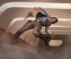  1boy black_boots black_vest blue_shirt boots grey_pants gun helmet highres javier_charro open_clothes open_mouth open_vest pain pants rebel_soldier_(star_wars) shirt solo spacecraft_interior star_wars star_wars:_a_new_hope telekinesis vest weapon 