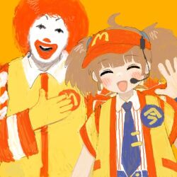  00990099ppcut 1boy 1girl afro closed_eyes clown facepaint imadake_tsukimi_tabemi lowres mcdonald's ronald_mcdonald waving 