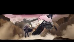  2girls ahoge ammunition ballistic_shield black_coat black_gloves blue_archive breasts bulletproof_vest coat confrontation eyepatch firing gloves glowing glowing_eye green_eyes gun halo handgun highres holding hoshino_(armed)_(blue_archive) hoshino_(blue_archive) landscape lenslans mossberg_500 multiple_girls one_eye_covered pump_action scenery schwerer_gustav shield shotgun suou_(blue_archive) weapon yellow_halo 