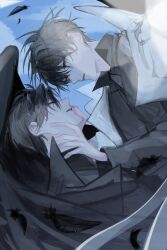  2boys black_coat black_hair black_shirt closed_eyes coat collared_shirt falling_feathers feathers hand_on_another's_face hayu_beck highres kim_dokja looking_at_another male_focus multiple_boys omniscient_reader's_viewpoint open_clothes open_coat shirt short_hair upper_body white_coat yoo_joonghyuk 