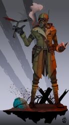  1boy absurdres ankle_wrap aquila_(symbol) armband armor artist_logo balaclava balisong barbed_wire battlefield belt belt_buckle belt_pouch black_gloves black_necktie blood blood_on_clothes blood_on_weapon blood_splatter blood_stain breast_pocket breathing_nozzle breathing_tube brown_belt buckle cigarette cigarette_pack coat coat_pouch crossover czech_hedgehog death_korps_of_krieg dirt dirty dirty_clothes dirty_feet dirty_footwear dirty_legwear disguise_kit_(tf2) eye_reflection full_body fusion gas_mask gas_mask_canister gloves gradient_background green_coat grey_background helmet highres hose_nozzle imperial_aquila imperium_of_man knife leg_wrap logo mask military_uniform mud necktie obscured_eyes pocket pocket_square pouch power_armor radio_antenna red_light reflection science_fiction smoke smoking smoking_through_mask soldier solo spy_(tf2) striped_coat team_fortress_2 trench_coat unworn_headwear unworn_helmet warhammer_40k weapon wolfdawg_art 