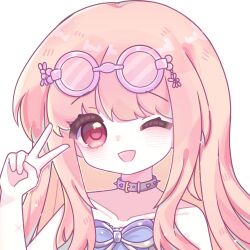  1girl artist_request balloon bare_arms bare_shoulders belt belt_buckle belt_collar blunt_bangs brown_eyes buckle chinese_commentary collar collarbone commentary_request dot_nose dress eyelashes eyewear_on_head frilled_dress frills grey_belt happy highres light_blush light_particles long_hair long_sidelocks looking_at_viewer nikki_(nikki) nikki_(series) novelty_glasses one_eye_closed open_mouth pink-framed_eyewear pink-tinted_eyewear pink_hair purple_dress purple_ribbon ribbon round_eyewear second-party_source shining_nikki sidelocks simple_background smile solo sparkle spiked_belt strapless strapless_dress sunglasses tareme tinted_eyewear twisting_party_(shining_nikki) upper_body v wavy_hair white_background 