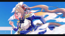  1girl animal_ears blue_bow blue_sky bow breasts brown_hair center_frills commentary_request daiwa_scarlet_(peak_blue)_(umamusume) daiwa_scarlet_(umamusume) epaulettes fang frills highres horse_ears horse_girl letterboxed long_hair long_sleeves looking_ahead red_eyes running skin_fang sky solo tiara tsukasa_(klx230) twintails umamusume 
