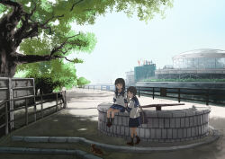 animal bag black_hair black_socks blue_sailor_collar blue_skirt blue_sky blunt_bangs building cat commentary_request crane_(machine) day eating food fubuki_(kancolle) hamushima hatsuyuki_(kancolle) hime_cut holding holding_food kantai_collection outdoors pleated_skirt ponytail railing sailor_collar school_uniform serafuku shoes short_ponytail short_sleeves sitting skirt sky socks standing tree 