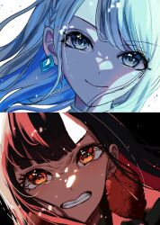  2girls 7naako5 angry azusawa_kohane black_hair black_jacket blue_hair chain chain_necklace clenched_teeth close-up closed_mouth colored_inner_hair commentary_request diamond-shaped_earrings earrings furrowed_brow grey_eyes highres jacket jewelry long_hair looking_at_viewer multicolored_hair multiple_girls necklace orange_eyes project_sekai red_hair shiraishi_an simple_background smile teeth turtleneck v-shaped_eyebrows white_background 