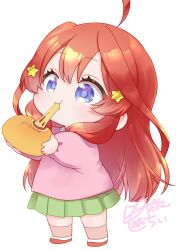  1girl ahoge blue_eyes blush chibi chibi_only chiy_(mochi_punin) closed_mouth commentary_request double-parted_bangs eating food full_body go-toubun_no_hanayome green_skirt hair_ornament highres holding holding_food long_hair long_sleeves nakano_itsuki pink_shirt pink_socks pizza_bun pleated_skirt red_hair red_shoes shirt shoes signature simple_background skirt socks solo standing star_(symbol) star_hair_ornament white_background 