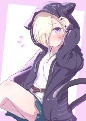 1girl absurdres animal_hood belt belt_around_waist black_jacket blue_skirt blush border brown_belt cat_hood cat_tail collarbone commentary embarrassed eyes_visible_through_hair feet_out_of_frame flying_sweatdrops highres hood hood_up hooded_jacket jacket jewelry key key_necklace long_sleeves love_live! love_live!_nijigasaki_high_school_idol_club mia_taylor miniskirt necklace open_clothes open_jacket outside_border paw_pose pink_border raised_inner_eyebrows shirt simple_background sitting skirt solo tail tilted_border white_background white_shirt yuuuta10628 
