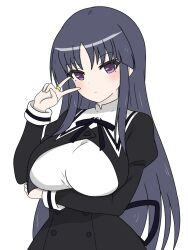  1girl arm_under_breasts assault_lily black_hair black_ribbon black_skirt blush breasts buttons closed_mouth commentary_request cropped_jacket hands_up high-waist_skirt highres jewelry juliet_sleeves kimassi large_breasts long_hair long_sleeves looking_at_viewer neck_ribbon puffy_sleeves ribbon ring school_uniform shirai_yuyu shirt sidelocks simple_background skirt solo standing upper_body v very_long_hair violet_eyes white_background white_shirt yurigaoka_girls_academy_school_uniform 