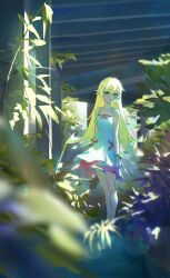  1girl absurdres bare_arms bare_shoulders blonde_hair blurry blurry_foreground bracelet closed_mouth commentary day dress expressionless full_body highres jewelry legs_together light_particles long_hair looking_at_viewer monogatari_(series) oshino_shinobu outdoors plant pointy_ears solo standing sundress symbol-only_commentary tabulagami very_long_hair white_dress yellow_eyes 