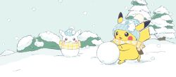  artist_request beanie building_snowman bush character_snowman hat hat_pin highres no_humans official_art outdoors pikachu pine_tree plaid_clothes plaid_scarf pokemon pokemon_(creature) pom_pom_(clothes) pom_pom_beanie scarf snow snowball snowing snowman tree vanillite winter winter_clothes yellow_scarf 