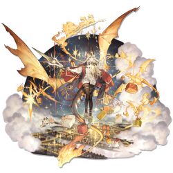  1girl absurdres argyle_clothes argyle_scarf arknights bell black_horns blonde_hair blue_scarf bow brown_pantyhose cape cardigan character_doll christmas christmas_present city city_lights clouds doll dragon dragon_girl dragon_horns dragon_tail dragon_wings fiery_tail fire flying footwear_bow full_body fur-trimmed_shoes fur_scarf gift gingerbread_man green_eyes green_ribbon hair_ornament hair_ribbon hat highres holding holding_staff holster horns knife_sheath large_tail long_sidelocks long_tail looking_at_viewer neck_ribbon official_alternate_costume official_art outdoors pantyhose pom_pom_(clothes) pom_pom_hair_ornament red_bow red_cape red_hat red_ribbon red_socks reed_the_flame_shadow_(glowing_flame_in_the_night)_(arknights) reindeer ribbed_socks ribbon river santa_claus scarf sheath sheathed shoes sidelocks sky sleigh smile snowman socks solo staff star_(sky) starry_sky starshadowmagician tail thigh_holster thigh_strap third-party_source transparent_background two-tone_hat two-tone_ribbon white_cardigan white_hat white_scarf white_shoes wings 