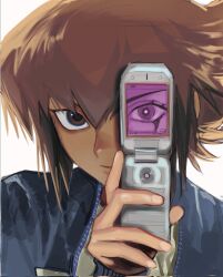  1boy brown_eyes brown_hair cellphone closed_mouth corrupted_twitter_file expressionless flip_phone hair_between_eyes highres holding holding_phone looking_at_viewer male_focus phone simple_background tawashipurin upper_body white_background yu-gi-oh! yu-gi-oh!_gx yuki_judai 