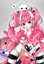  1girl black_nails blunt_bangs blush bow bowtie capelet closed_mouth crop_top head_rest highres kumacy long_sleeves looking_at_viewer mask mouth_mask one_piece pantyhose perona pink_hair pink_skirt salmonnnn353372 skirt striped_clothes striped_pantyhose twintails 