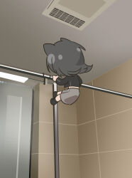  1girl animal_ears bang_dream! bang_dream!_it's_mygo!!!!! bathroom black_jacket climbing grey_skirt highres indoors jacket kemonomimi_mode mini_person skirt solo yahata_umiri yzj21333 