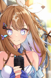  +_+ 1girl absurdres almond_eye_(umamusume) animal_ears bare_shoulders blue_gloves blue_hair blue_sleeves blush bow_hairband braid brown_hair closed_mouth colored_inner_hair detached_sleeves dress fingerless_gloves gloves gradient_hair hairband highres holding holding_microphone horse_ears horse_girl long_hair looking_at_viewer microphone multicolored_hair purple_hair single_braid smile solo three-tone_hair tiara_(871220) umamusume white_dress white_hairband 