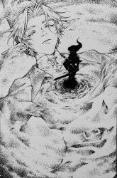  2boys belt boss_fight closed_mouth commentary dark_link dark_persona dual_persona english_commentary from_above greyscale holding holding_sword holding_weapon inktober kandori_makoto link male_focus monochrome multiple_boys pointy_ears puddle sword the_legend_of_zelda the_legend_of_zelda:_ocarina_of_time traditional_media weapon 