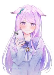  1girl animal_ears aqua_bow blush bow bowtie cardigan cellphone closed_mouth ear_bow highres holding holding_phone horse_ears horse_girl joker_oowo long_hair long_sleeves looking_at_viewer mejiro_mcqueen_(umamusume) phone purple_hair purple_sailor_collar sailor_collar school_uniform simple_background smartphone solo tracen_school_uniform umamusume upper_body violet_eyes white_background white_bow white_bowtie 