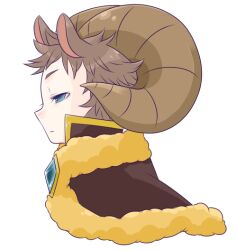  1boy animal_ears blue_eyes blue_gemstone brown_cape brown_hair brown_horns cape cat_boy cat_ears closed_mouth commentary_request curled_horns expressionless from_side fur-trimmed_cape fur_trim gem half-closed_eyes horns iyofika looking_afar male_focus official_alternate_costume profile ragnarok_online short_bangs short_hair simple_background solo warlock_(ragnarok_online) white_background 