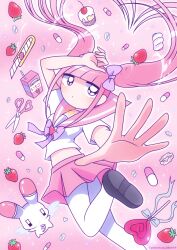  1girl angel_wings animal black_eyes black_shoes blunt_bangs boxcutter cake candy cherry choker drink_carton ezaki_bisuko floating_hair food fruit heart hexagram highres jewelry jitome lollipop long_hair marshmallow menhera-chan_(ezaki_bisuko) menhera-chan_(ezaki_bisuko)_(character) midriff_peek milk_carton necklace outer_glow outstretched_hand pill pink_background pink_hair pink_sailor_collar pink_skirt pink_theme pleated_skirt purple_choker rabbit reaching reaching_towards_viewer sailor_collar school_uniform scissors serafuku shoes sidelocks skirt sparkle star_of_david strawberry strawberry_milk thigh-highs twintails usatan_(ezaki_bisuko) white_serafuku white_thighhighs wings 