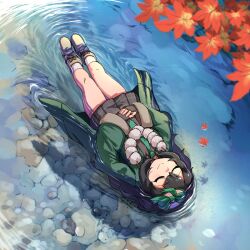 1girl autumn_leaves black_gloves black_hair black_shirt black_skirt blush bow bowtie closed_eyes collarbone fascinator fingerless_gloves floating gloves green_bow green_bowtie green_jacket green_trim hair_between_eyes hat hat_bow highres jacket kemono_friends leaf long_coat long_hair mcgunngu monkey_ears monkey_girl plaid_clothes plaid_skirt pleated_skirt river sagojo_(kemono_friends) shirt sidelocks skirt smile socks solo white_hat white_socks
