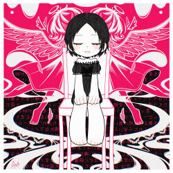  1girl angel angel_wings barefoot black_dress black_hair blush chair closed_eyes dot_nose dress dripping halo highres imawa-san_(iyowa) imawanokiwa_(vocaloid) iyowa_girls light_blush open_mouth puffy_short_sleeves puffy_sleeves sato_(r017xts117) see-through_clothes see-through_sleeves short_hair short_sleeves sitting smile text_background vocaloid wings 