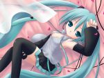  aqua_hair bad_proportions blue_eyes cleavage detached_sleeves hatsune_miku light_smile looking_at_viewer nail_polish necktie on_back petals pleated_skirt thigh_boots twintails very_long_hair vocaloid zettai_ryouiki 