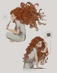  1girl blue_eyes closed_eyes closed_mouth crossed_legs floating_hair full_body gynger_edventray_(hiiragimare) highres hiiragimare hogwarts_legacy holding holding_wand image_in_speech_bubble long_hair multiple_views musical_note original pajamas red_hair simple_background sitting solo spoken_musical_note wand white_background white_pajamas wizarding_world 