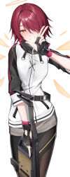  1girl :d absurdres arknights black_gloves black_skirt black_sleeves blush brown_pantyhose commentary cowboy_shot detached_wings exusiai_(arknights) fingerless_gloves gloves grin gun hair_over_one_eye halo highres holding holding_gun holding_weapon jacket one_eye_covered orange_halo pantyhose r_oot red_hair short_hair simple_background skirt smile solo standing symbol-only_commentary traditional_halo weapon white_background white_jacket wings 