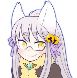  1girl animal_ear_fluff animal_ears bell black-framed_eyewear brown_cape cape closed_mouth commentary_request fang fox_ears fox_girl fur-trimmed_cape fur_trim glasses grey_hair hair_bell hair_ornament hair_ribbon high_ponytail jingle_bell long_hair looking_at_viewer oekakipikki official_alternate_costume ponytail poporing portrait purple_ribbon ragnarok_online ribbon semi-rimless_eyewear simple_background skin_fang smile solo under-rim_eyewear warlock_(ragnarok_online) white_background yellow_eyes 