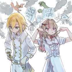  1boy 1girl :< absurdres beret blonde_hair blunt_bangs blush bow buttons closed_mouth collared_shirt colored_inner_hair cowboy_shot double-breasted dress explosion explosion_background flipped_hair furrowed_brow green_eyes grey_hair hair_between_eyes hair_bow hair_intakes hair_ornament hair_over_shoulder hair_tie hairpin hat heart heart_hair_ornament heart_necklace heart_pendant highres holding holding_jewelry holding_necklace holding_pocket_watch jewelry kaiju koze_niire long_hair looking_down makaino_ririmu multicolored_hair necklace necktie nijisanji official_alternate_costume official_alternate_hairstyle pants pink_bow pink_hair pink_streaks plaid_clothes plaid_necktie pocket_watch pointy_ears puffy_short_sleeves puffy_sleeves purple_necktie red_eyes ribbon sailor_collar school_uniform shirt short_hair short_sleeves side-by-side sidelocks standing streaked_hair striped_bow sweatdrop twitter_username two-tone_hair two_side_up uzuki_kou v-shaped_eyebrows virtual_youtuber waist_ribbon watch white_background white_dress white_hat white_pants white_ribbon white_sailor_collar white_shirt winged_hair_ornament x_hair_ornament 