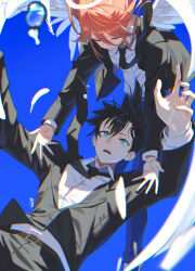  2boys angel angel_devil_(chainsaw_man) angel_wings black_jacket black_necktie black_suit business_suit chainsaw_man collared_shirt duplicate feathered_wings formal_clothes glowing glowing_halo halo hayakawa_aki jacket male_focus multiple_boys necktie pixel-perfect_duplicate scottie_(phantom2) shirt shirt_tucked_in suit suit_jacket topknot traditional_halo white_wings wings 