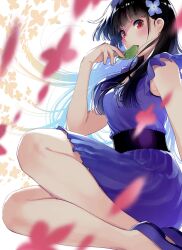  1girl bare_arms black_hair blurry blurry_foreground commentary_request dress eating flower hair_flower hair_ornament hattori_mitsuru highres holding holding_leaf leaf long_hair looking_at_viewer open_mouth purple_dress purple_flower purple_shoes red_eyes sanka_rea sankarea shoes sleeveless sleeveless_dress solo white_background 
