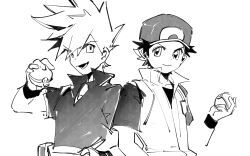  2boys absurdres baseball_cap blue_oak fiy1827565 greyscale hand_on_own_hip hat highres holding holding_poke_ball light_smile lower_teeth_only male_focus monochrome multiple_boys open_mouth poke_ball pokemon red_(pokemon) shirt short_hair simple_background smile spiky_hair t-shirt teeth upper_body white_background wrist_cuffs 